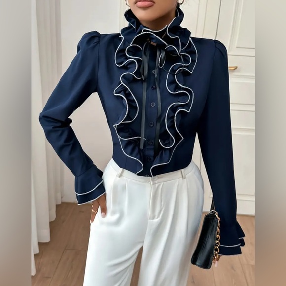 Midnight Blue Ruffle Blouse Size L - Picture 4 of 5